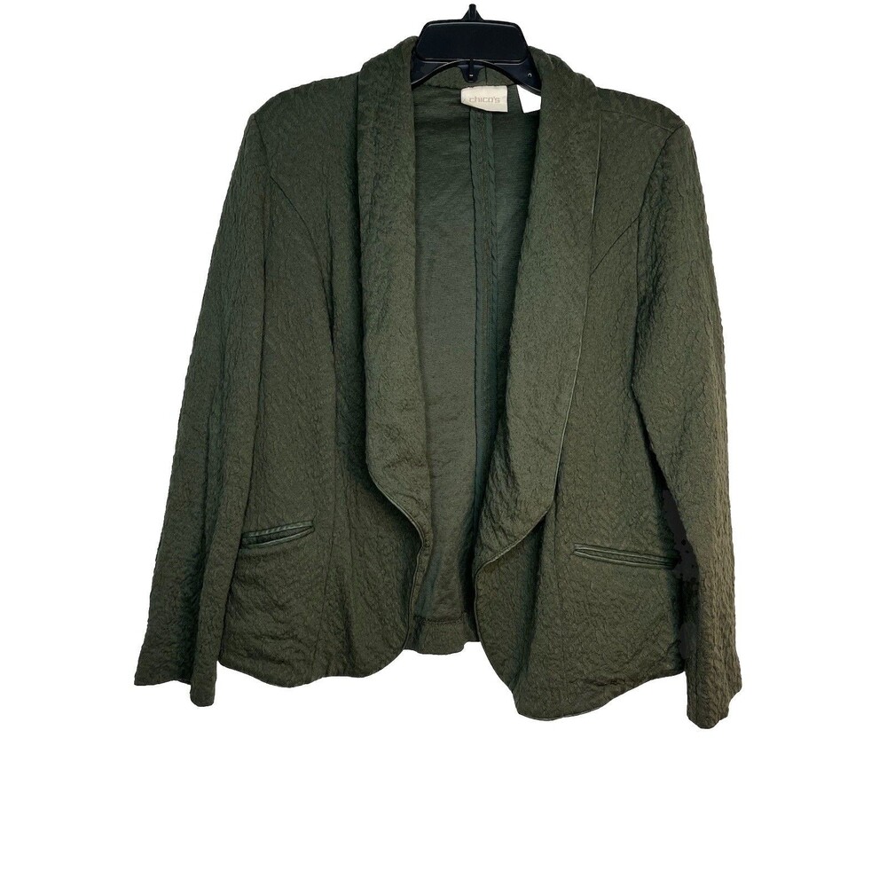 Chicos Woven Damask embossed print dark olive blazer Long Sleeve 1 Top M 6 8